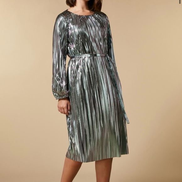 Marina Rinaldi Midi Metallic Silver Pleated Dress Size 8 Party New Years - Picture 4 of 12
